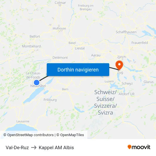 Val-De-Ruz to Kappel AM Albis map