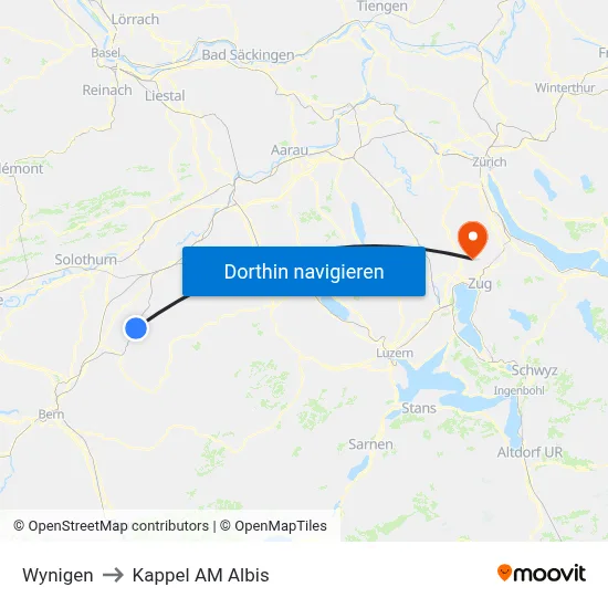Wynigen to Kappel AM Albis map