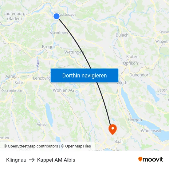 Klingnau to Kappel AM Albis map