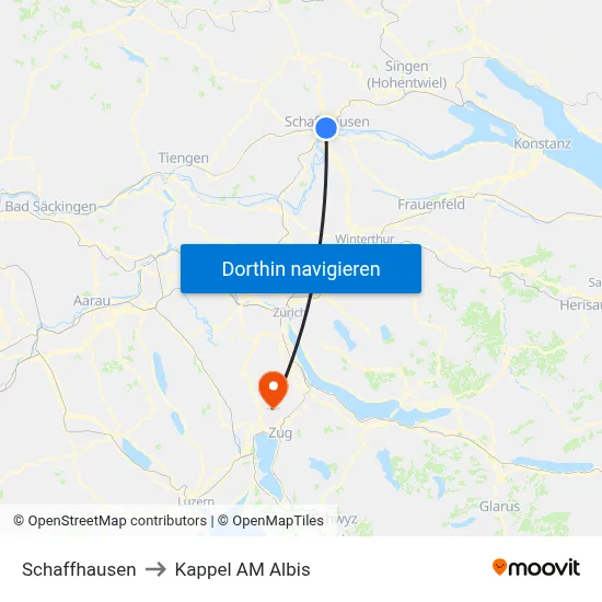 Schaffhausen to Kappel AM Albis map
