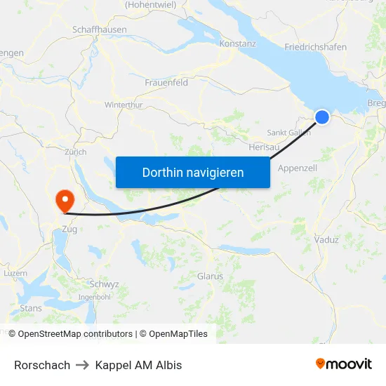Rorschach to Kappel AM Albis map