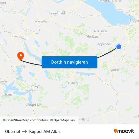 Oberriet to Kappel AM Albis map