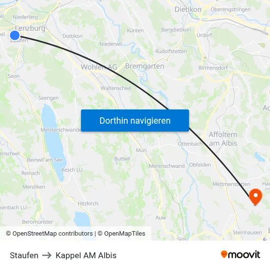 Staufen to Kappel AM Albis map