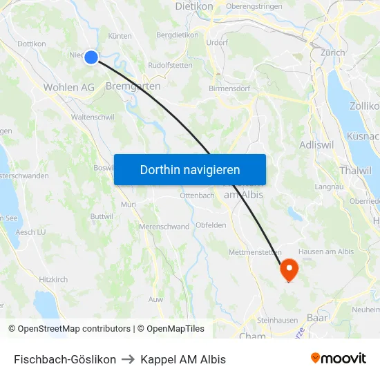 Fischbach-Göslikon to Kappel AM Albis map