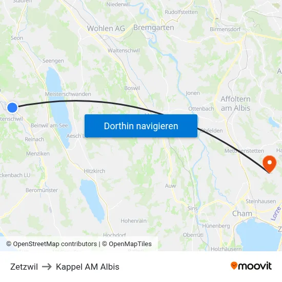 Zetzwil to Kappel AM Albis map