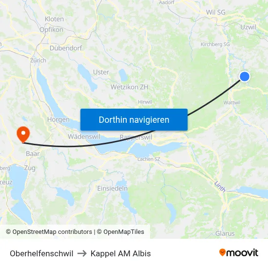 Oberhelfenschwil to Kappel AM Albis map