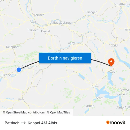 Bettlach to Kappel AM Albis map