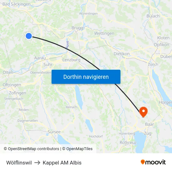 Wölflinswil to Kappel AM Albis map