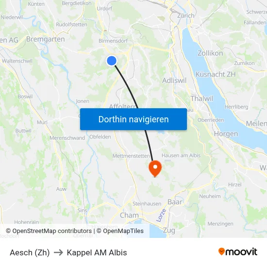 Aesch (Zh) to Kappel AM Albis map