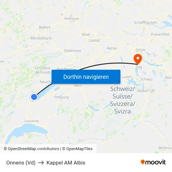 Onnens (Vd) to Kappel AM Albis map
