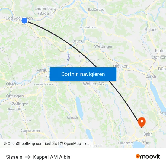 Sisseln to Kappel AM Albis map