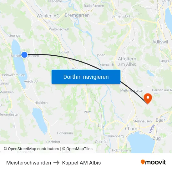 Meisterschwanden to Kappel AM Albis map