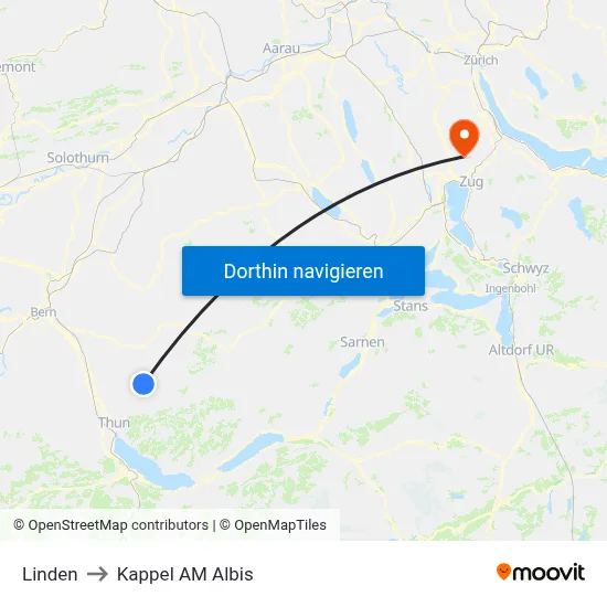 Linden to Kappel AM Albis map