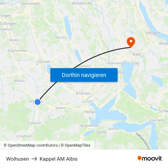 Wolhusen to Kappel AM Albis map