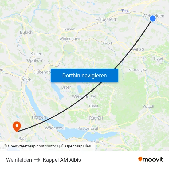 Weinfelden to Kappel AM Albis map