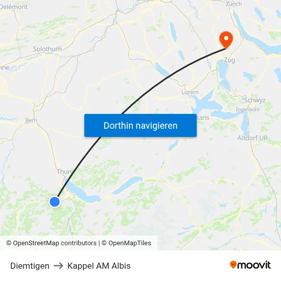 Diemtigen to Kappel AM Albis map
