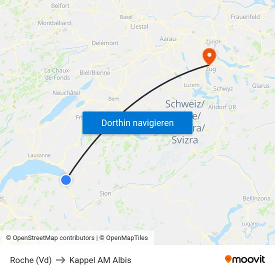 Roche (Vd) to Kappel AM Albis map