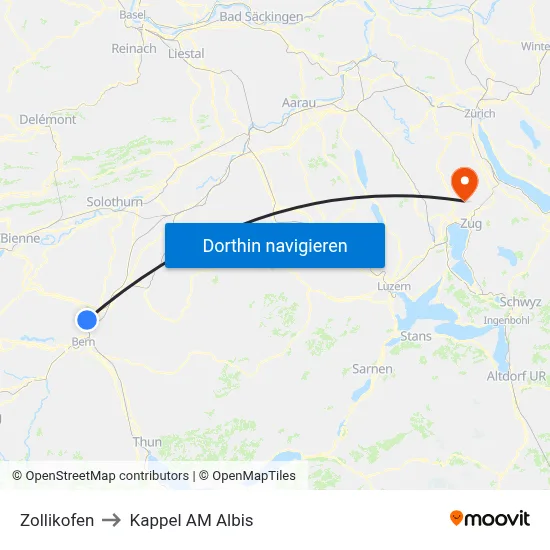 Zollikofen to Kappel AM Albis map