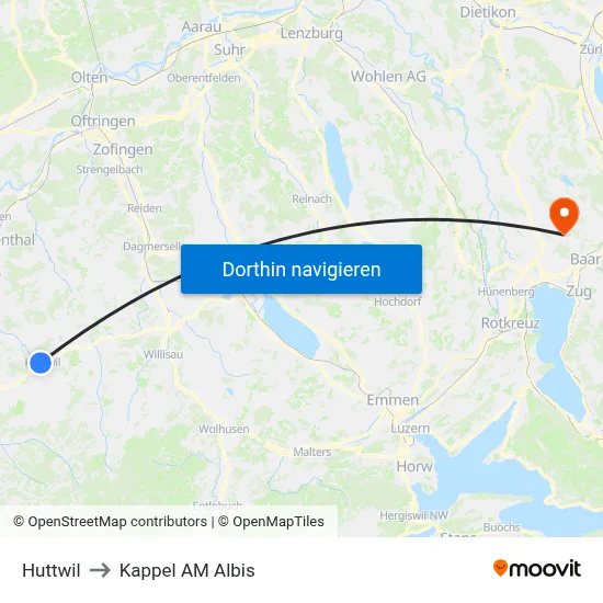 Huttwil to Kappel AM Albis map