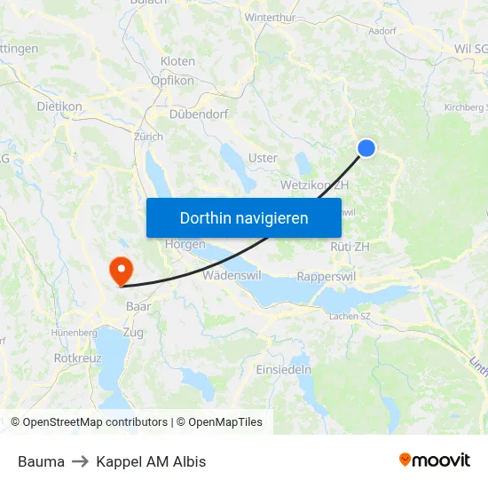 Bauma to Kappel AM Albis map
