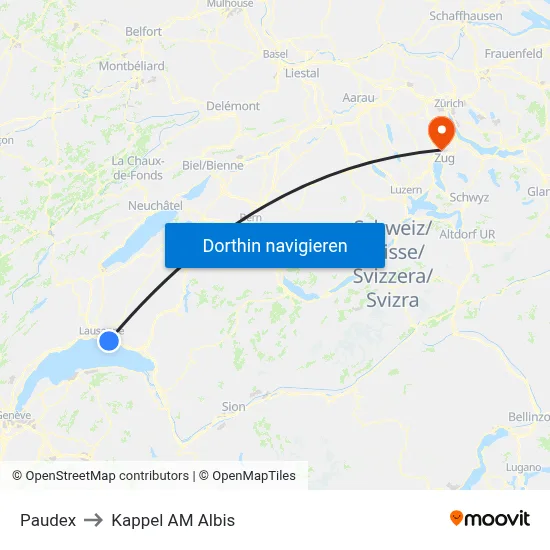 Paudex to Kappel AM Albis map