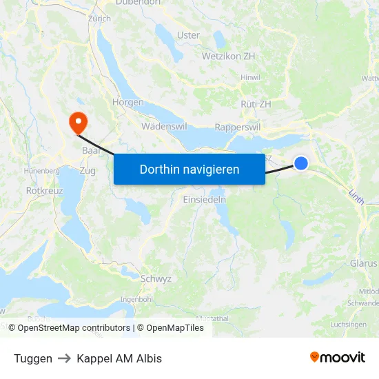 Tuggen to Kappel AM Albis map
