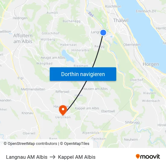 Langnau AM Albis to Kappel AM Albis map