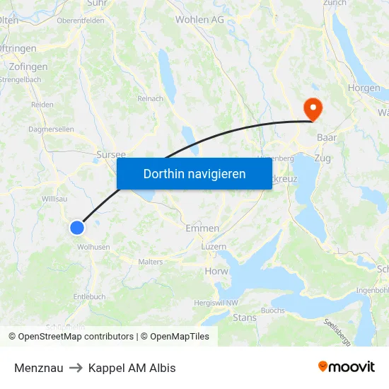 Menznau to Kappel AM Albis map