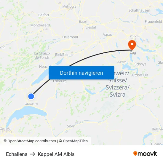 Echallens to Kappel AM Albis map