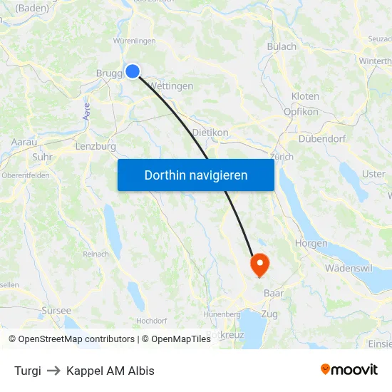 Turgi to Kappel AM Albis map