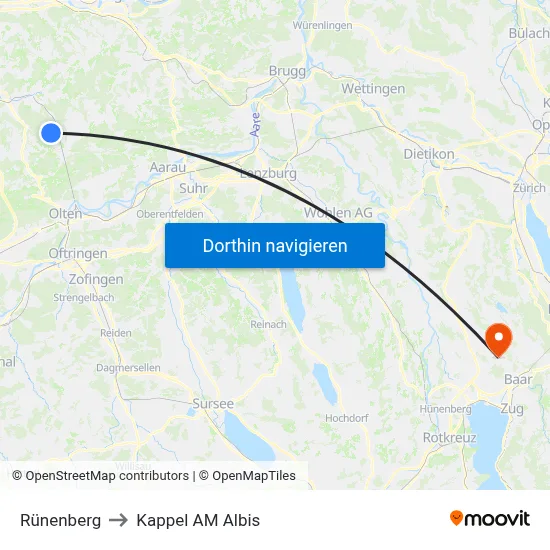Rünenberg to Kappel AM Albis map