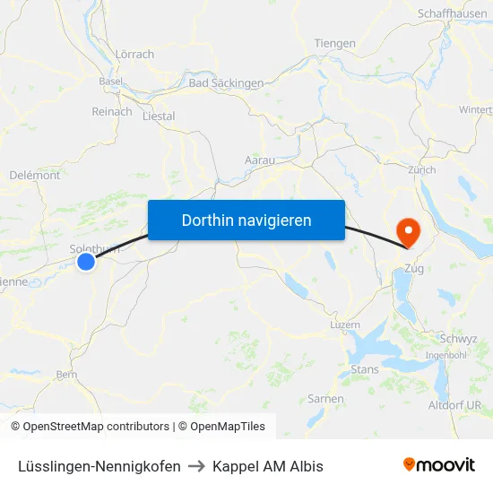 Lüsslingen-Nennigkofen to Kappel AM Albis map