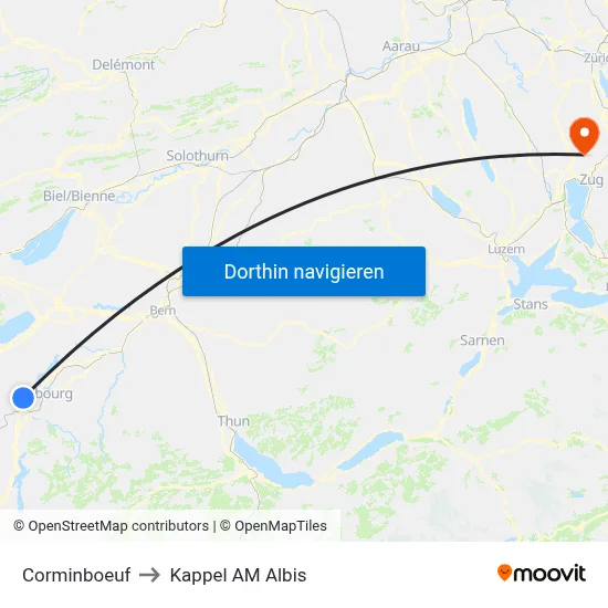 Corminboeuf to Kappel AM Albis map
