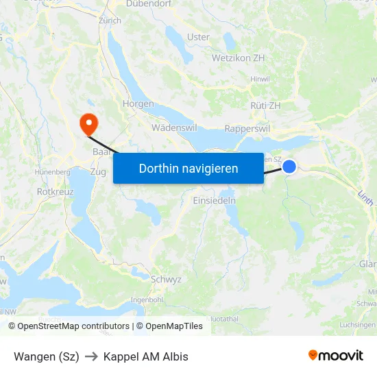 Wangen (Sz) to Kappel AM Albis map