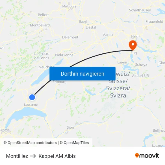 Montilliez to Kappel AM Albis map