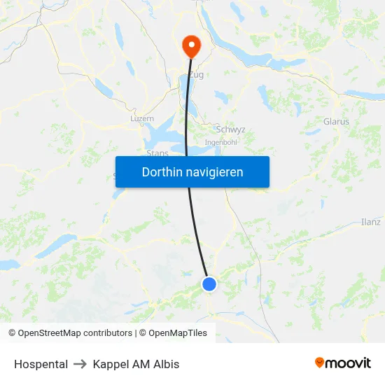 Hospental to Kappel AM Albis map