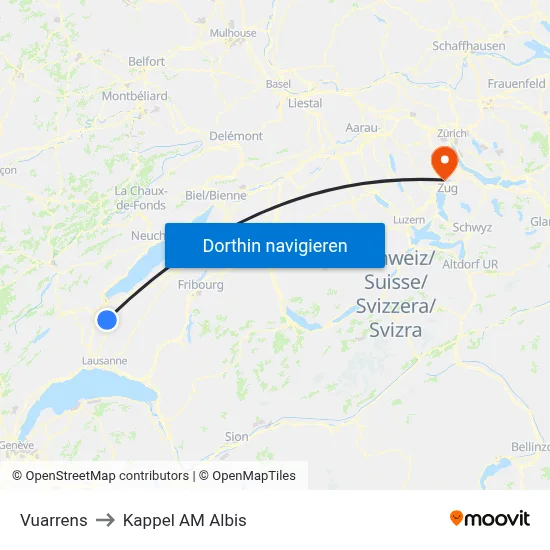 Vuarrens to Kappel AM Albis map