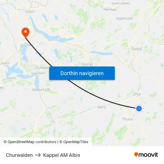 Churwalden to Kappel AM Albis map