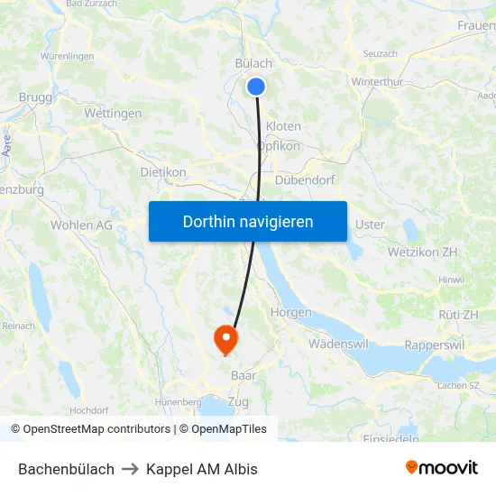 Bachenbülach to Kappel AM Albis map