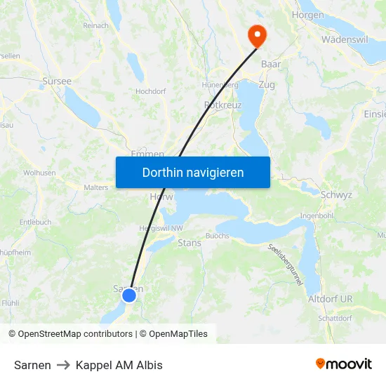 Sarnen to Kappel AM Albis map