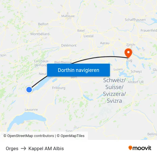 Orges to Kappel AM Albis map