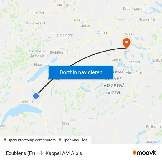 Ecublens (Fr) to Kappel AM Albis map