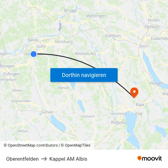 Oberentfelden to Kappel AM Albis map