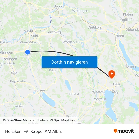 Holziken to Kappel AM Albis map