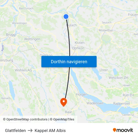 Glattfelden to Kappel AM Albis map