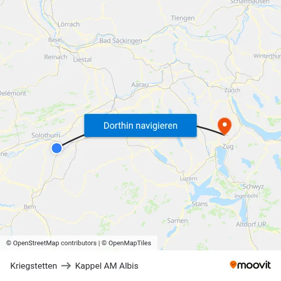 Kriegstetten to Kappel AM Albis map