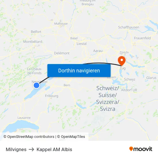 Milvignes to Kappel AM Albis map