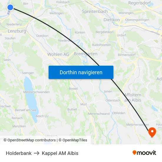 Holderbank to Kappel AM Albis map