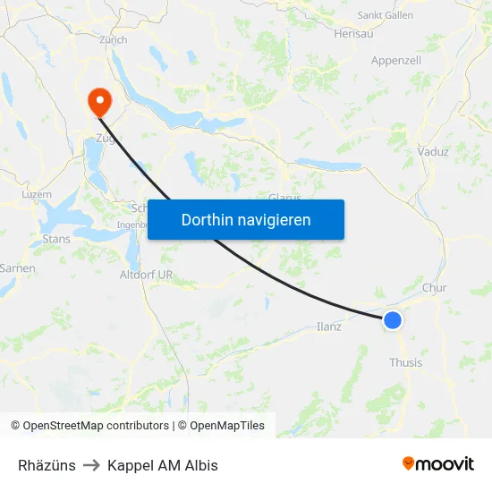 Rhäzüns to Kappel AM Albis map