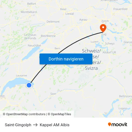 Saint-Gingolph to Kappel AM Albis map
